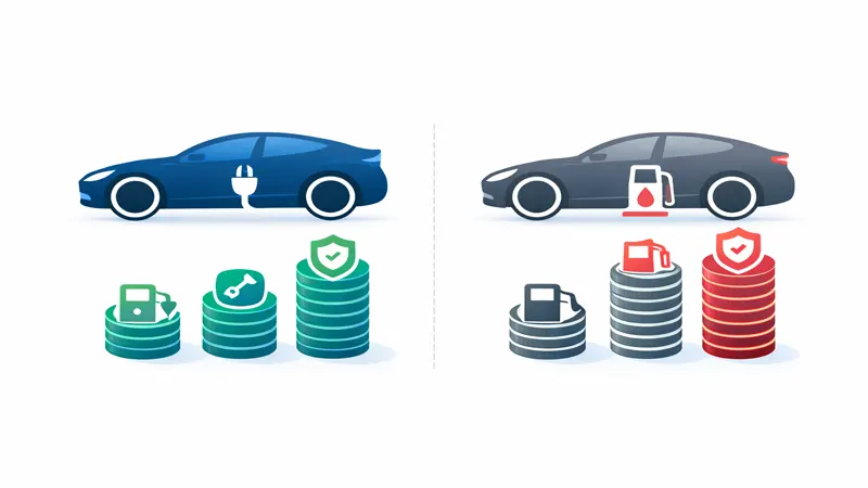 Five-year cost comparison infographic showing electric car ownership savings versus gasoline vehicle for fuel maintenance and insurance