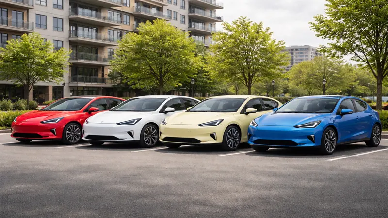 Four affordable newest electric cars under 35000 dollars parked in an urban neighborhood setting in 2026