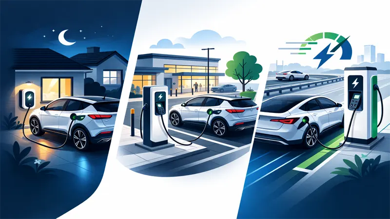 Infographic explaining three electric car charging levels home charging public Level 2 and DC fast charging for newest EVs