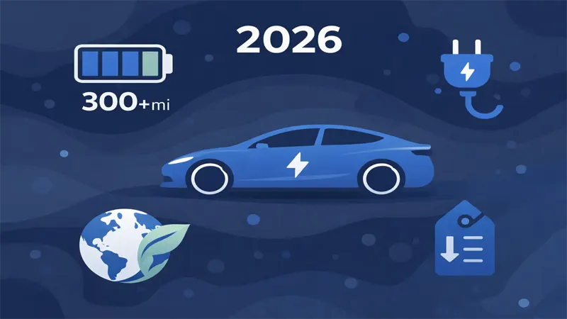 Infographic showing 2026 electric vehicle market trends including average range battery icons and pricing indicators