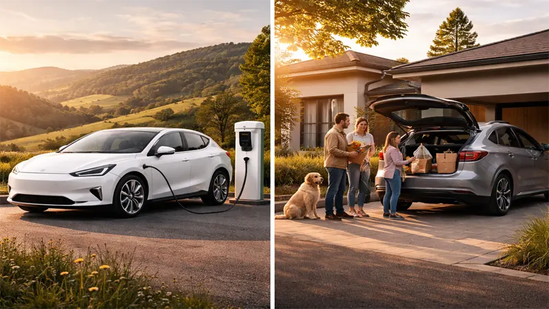 Mid-range electric SUV charging at a countryside station and electric crossover parked outside a suburban family home