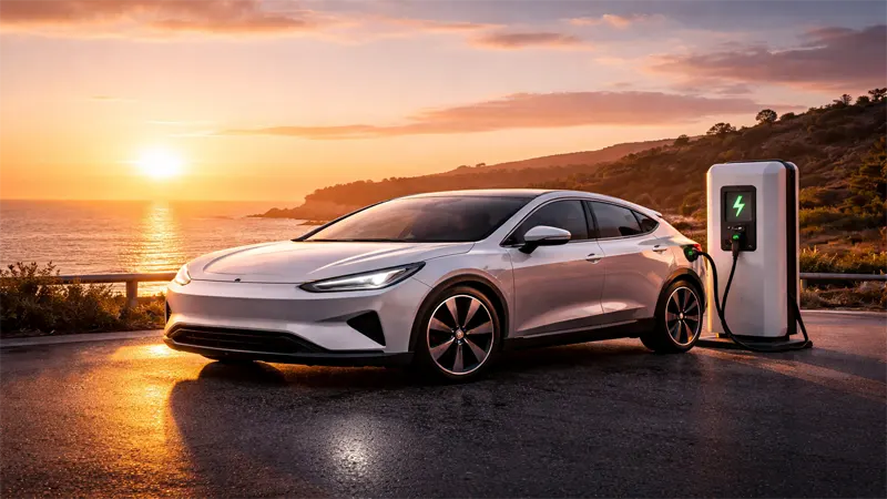 Modern silver electric car plugged into a charging station at golden hour sunset overlooking the ocean symbolizing the future of newest electric cars