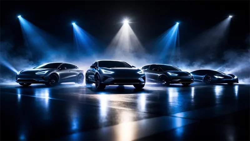 Silhouettes of upcoming newest electric cars revealed under spotlights on a futuristic auto show stage in 2026