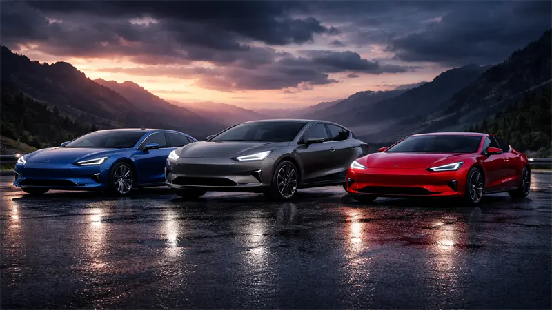 Three luxury performance electric vehicles driving on a dramatic mountain road at twilight showcasing newest electric cars in the premium segment