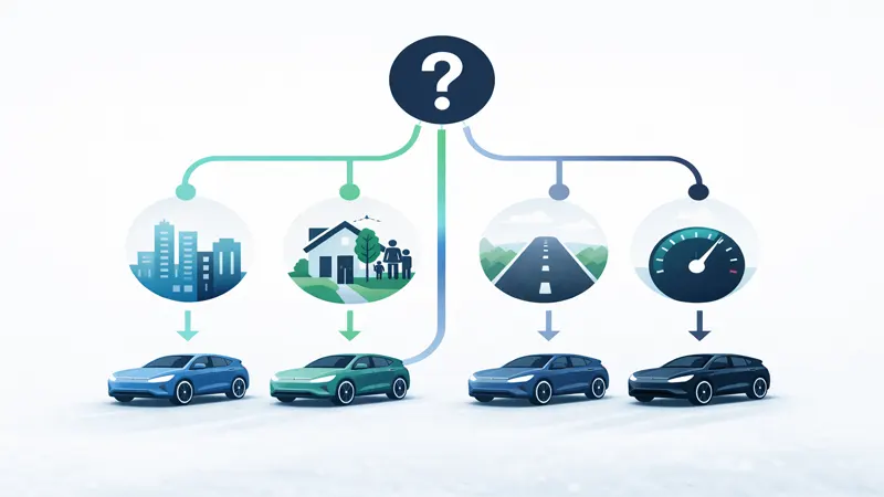 electric car buyer decision flowchart illustration showing paths for urban commuters families long-distance drivers and performance enthusiasts
