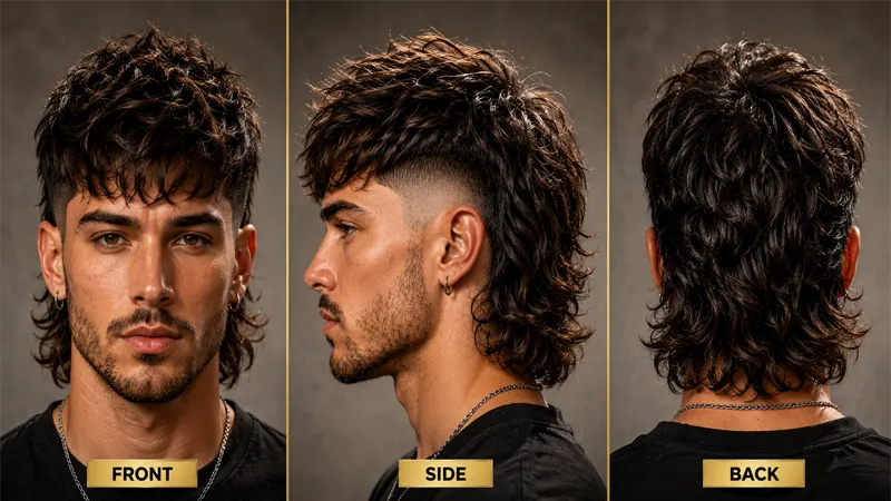 Front, side, and back view of a clean modern mullet fade