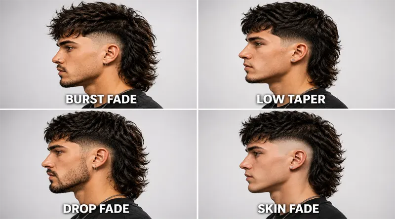 Side-by-side comparison of burst, taper, drop, and skin fade styles