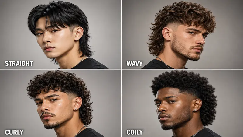 Four hair types — straight, wavy, curly, and coily — styled with modern mullet fades