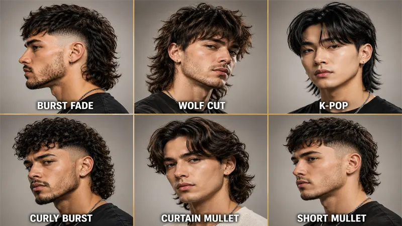 Grid of six modern mullet fade style variations