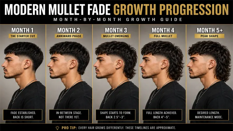 Month-by-month growth progression of a modern mullet fade