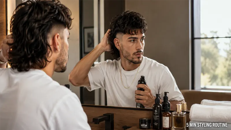 Man styling his modern mullet fade in a lifestyle setting