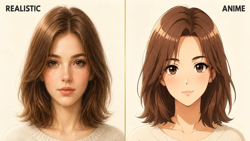 Side-by-side comparison of realistic hair versus anime hair on the same character