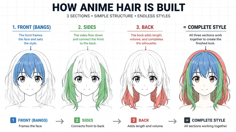 Diagram of the three anime hair sections: front, side, and back