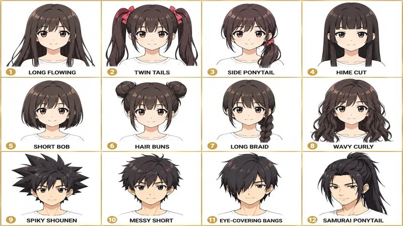 Grid of popular anime hairstyles with labels