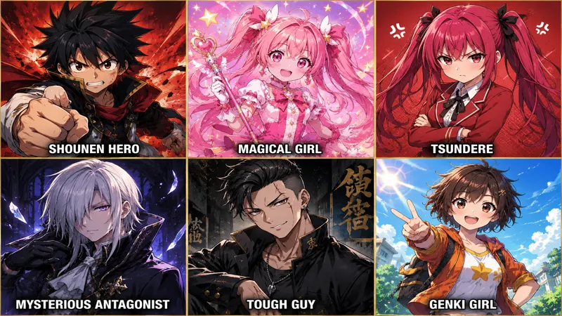 Six-panel grid showing different anime character archetypes with matching hairstyles