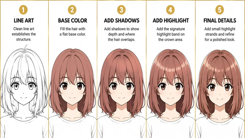 Step-by-step anime hair shading demonstration on one hairstyle