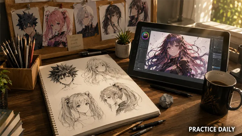Artist's drawing setup with finished anime hair art examples