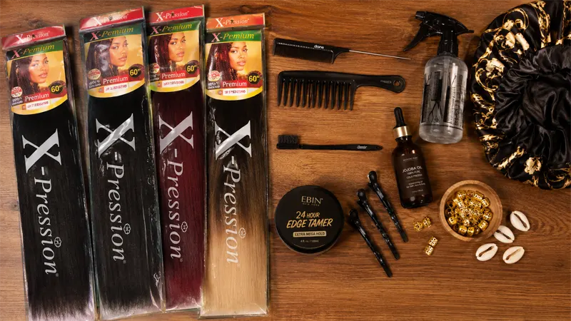 Flat-lay of braiding tools and supplies