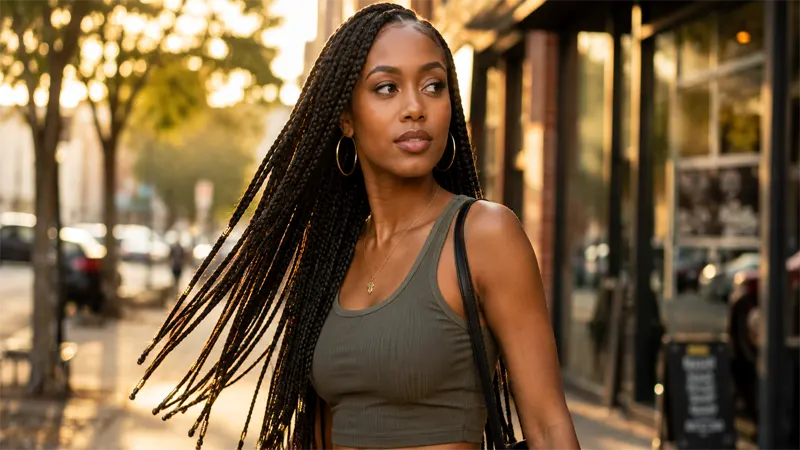 Confident woman wearing styled African braids