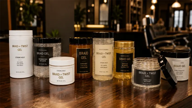 Lineup of top braiding gel products on a salon counter