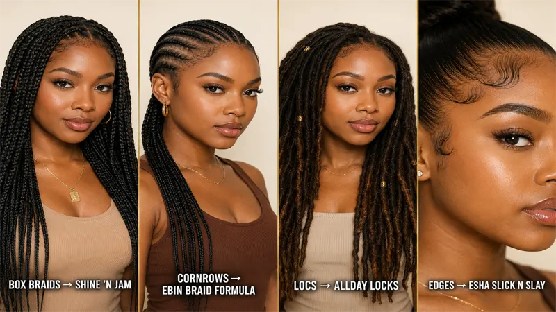 Different braid styles with matching braiding gel recommendations