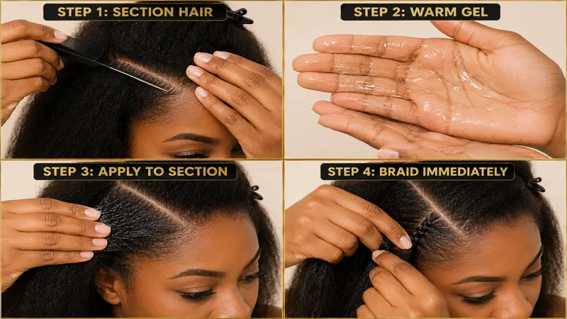 Step-by-step braiding gel application technique demonstration