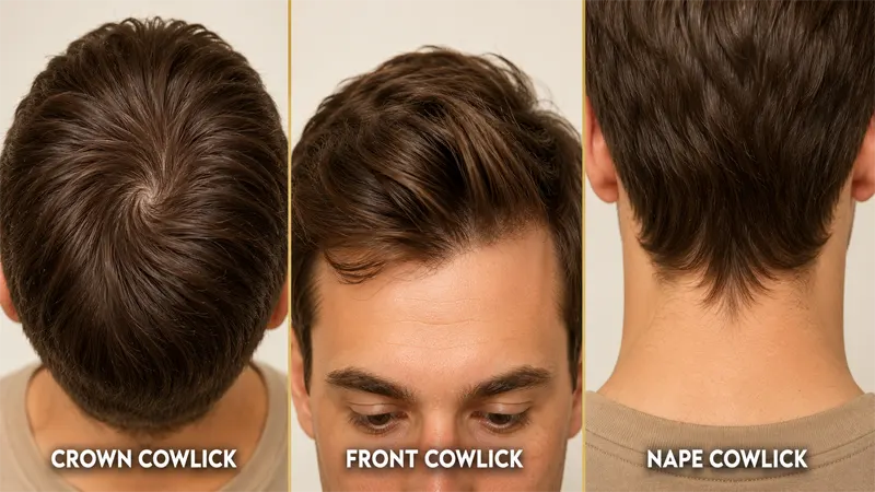 Close-up showing what a cowlick looks like on different hair types