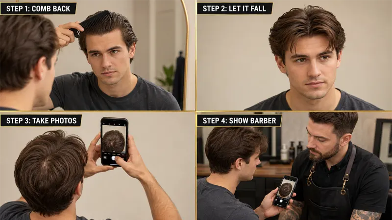 Step-by-step demonstration of identifying your cowlick