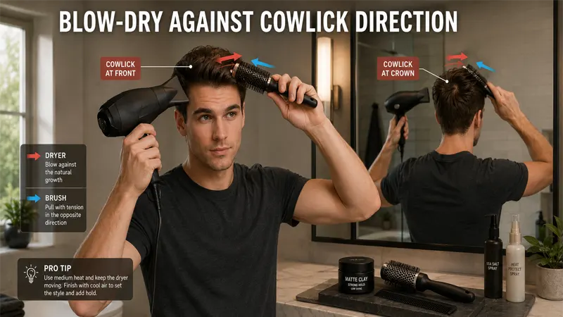 Demonstration of blow-drying hair against the cowlick direction