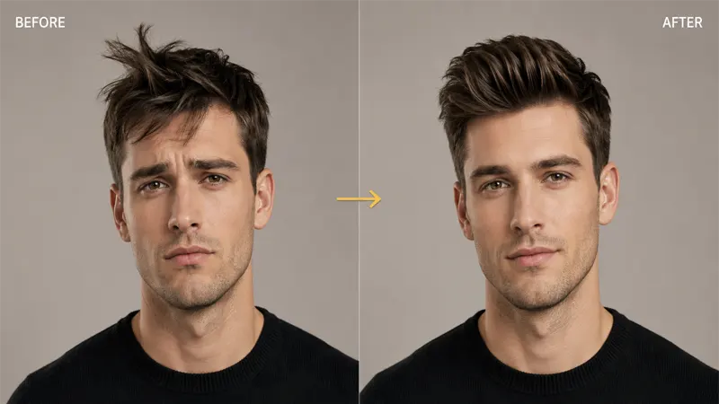 Before and after of a cowlick managed with proper styling