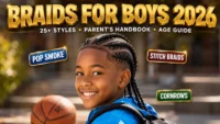 Young boy wearing trendy box braids hairstyle showcasing modern braids for boys 2026
