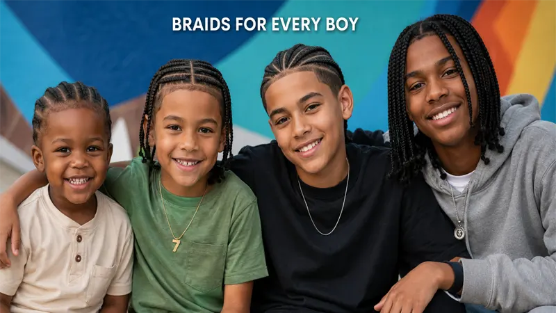 Diverse group of boys representing different braid styles and ages