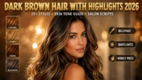 Dark brown hair with caramel highlights cascading down woman's shoulders 2026