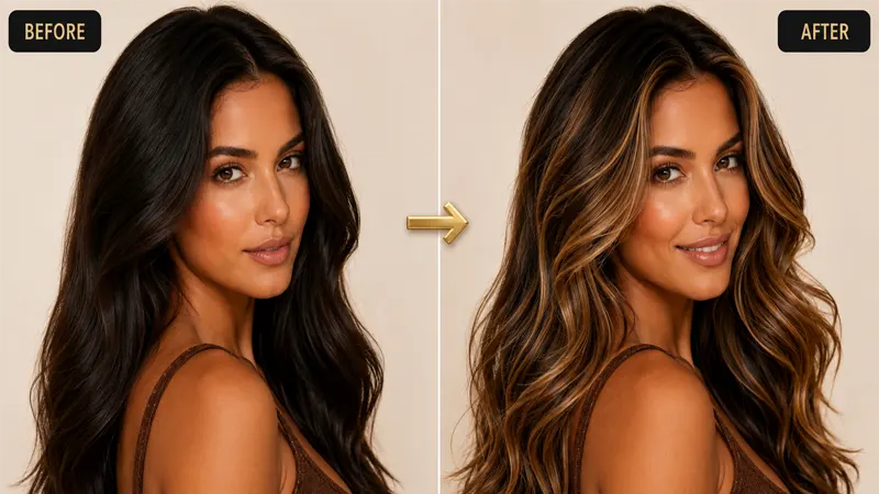 Before and after of dark brown hair compared to the same hair with caramel balayage highlights