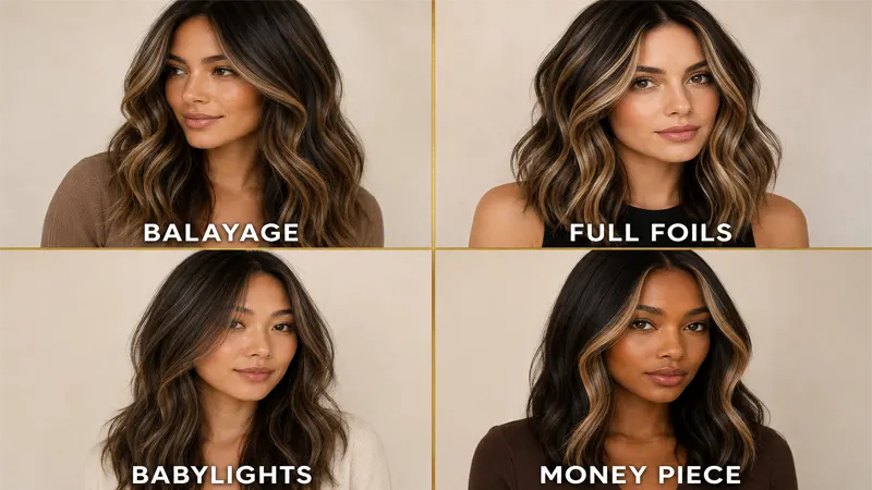 Side-by-side comparison of balayage, foils, babylights, and money piece highlighting techniques
