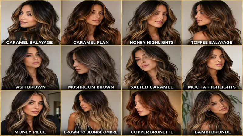 Grid showing highlight variations on dark brown hair