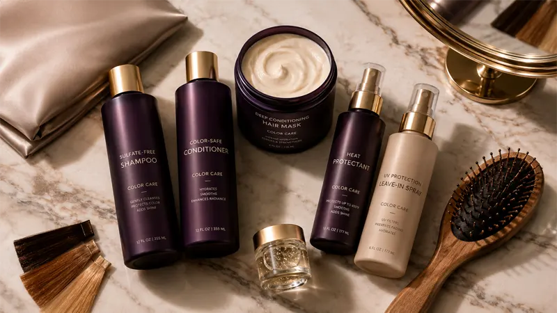 Flat-lay of color care products for highlighted hair