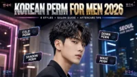 Korean man with trendy wave perm hairstyle showing soft textured curls 2026