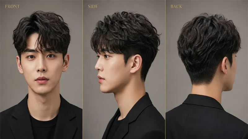 Korean man with perfectly styled perm in K-pop aesthetic
