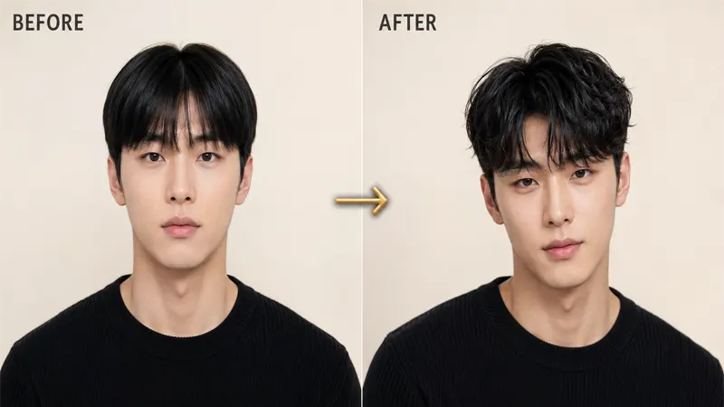 Before and after of straight hair transformed into a Korean perm