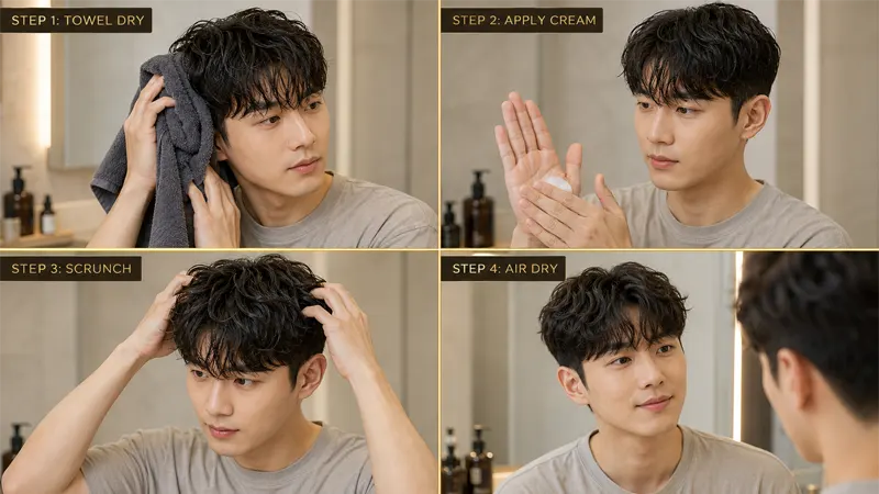 Korean man styling his perm in the mirror