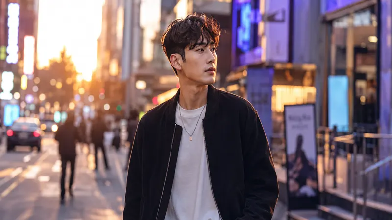 Confident man with Korean perm hairstyle in a lifestyle setting