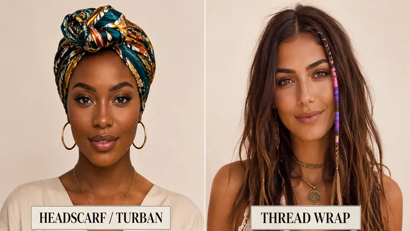Side-by-side comparison of headscarf wrap and thread hair wrap styles