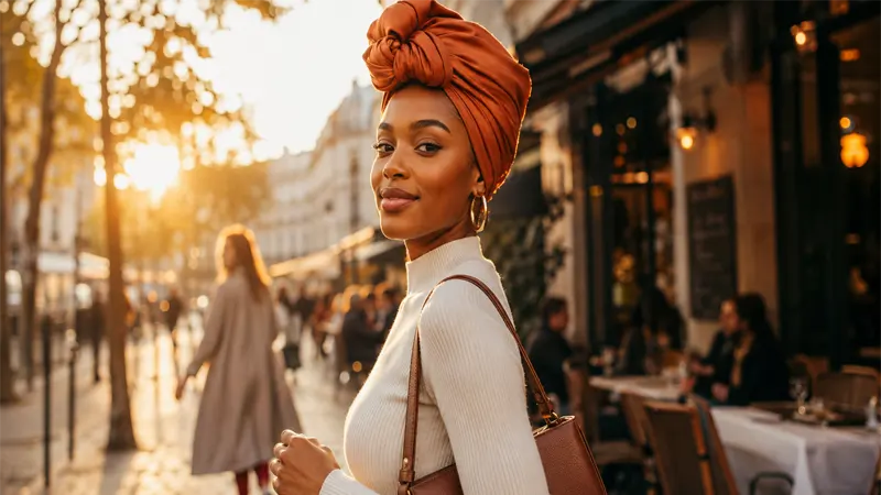 Confident woman wearing a stylish headwrap in a lifestyle setting