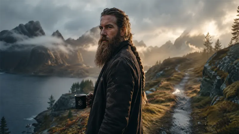 Confident man with full Viking hairstyle and beard in outdoor setting