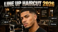 Precise line up haircut showcasing sharp barber line work on hairline 2026