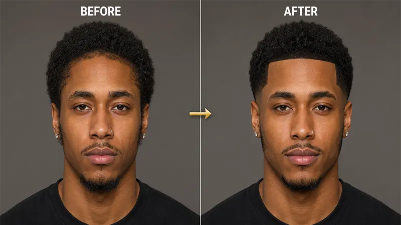 Line up haircut before and after comparison showing crisp sharp hairline edges