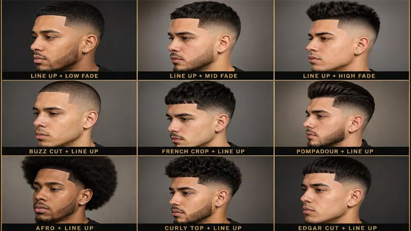 Grid showcase of multiple line up haircut styles including fades and textured cuts
