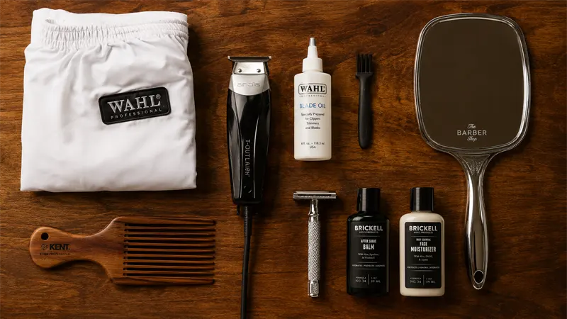 DIY line up haircut tools flat lay including trimmer, mirror, and aftercare products