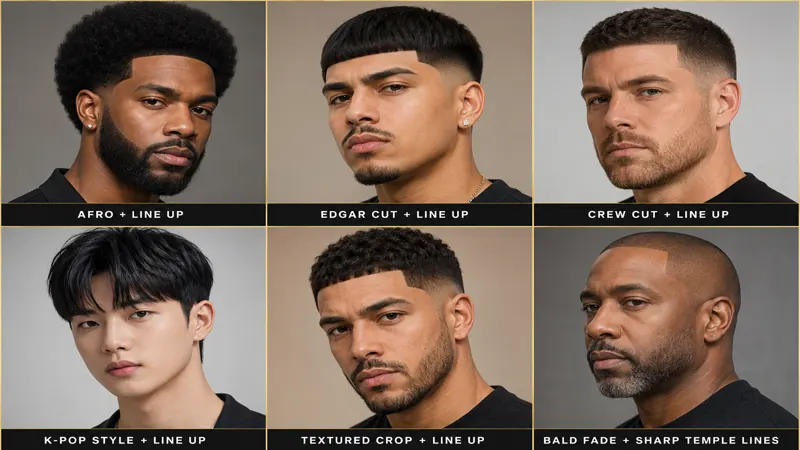 Six diverse line up haircut styles shown on different hair types and textures
